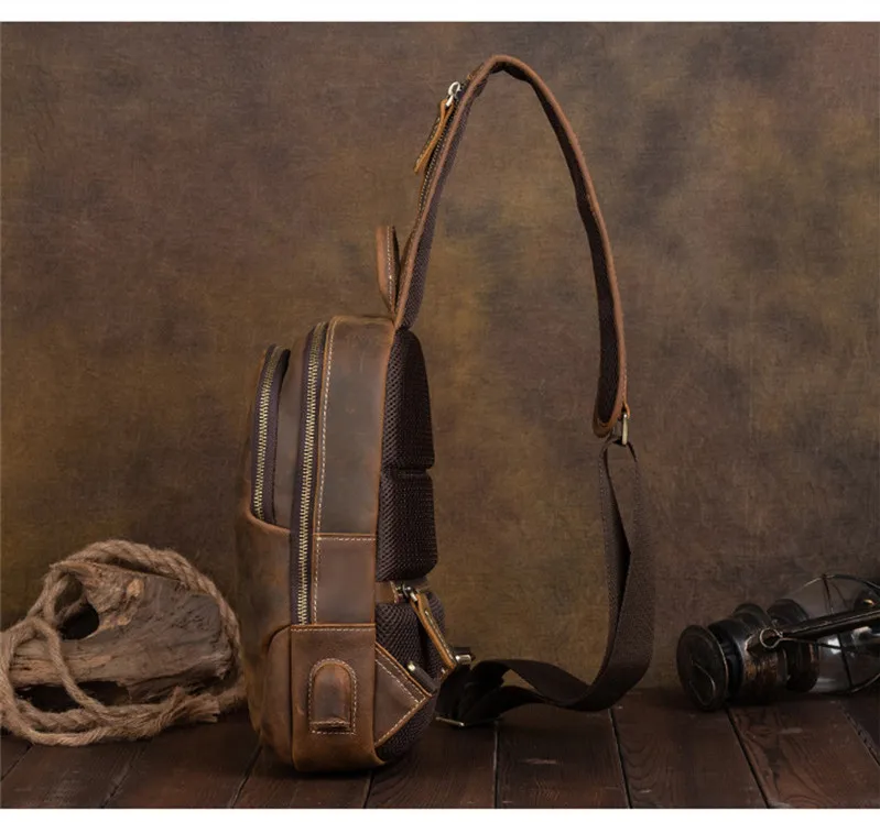 Vintage luxury crazy horse cowhide men's chest bag outdoor daily travel sport natural genuine leather teens party shoulder bag