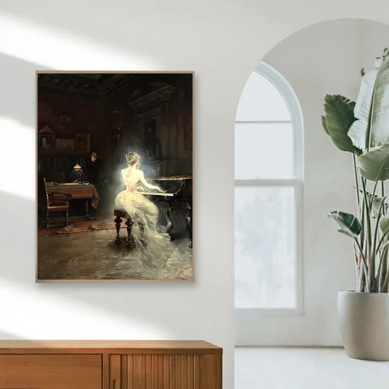 Музыкант красивая девушка испускает телефон женское пианино постер соло