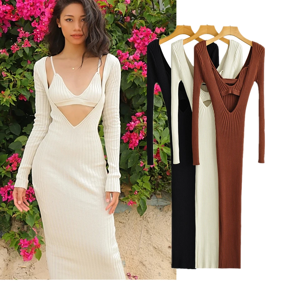 

Elmsk Ins Fashion Blogger HFrance Vintage igh Street Two Pieces Sets Sexy Knitted Sheath Midi Dress Women With Camisole