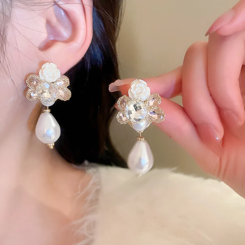 

Minar Hyperbole Sparkly Rhinestones Simulated Pearl Flower Earring for Women Acrylic Hanging Dangle Earrings Wedding Jewelry