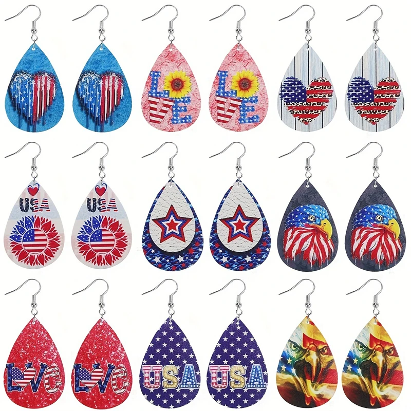 

Independence Day Water Drop Leather Eardrop Earbob Eagle Sunflower American Flag Letter Double-sided Print Earrings 4th of July