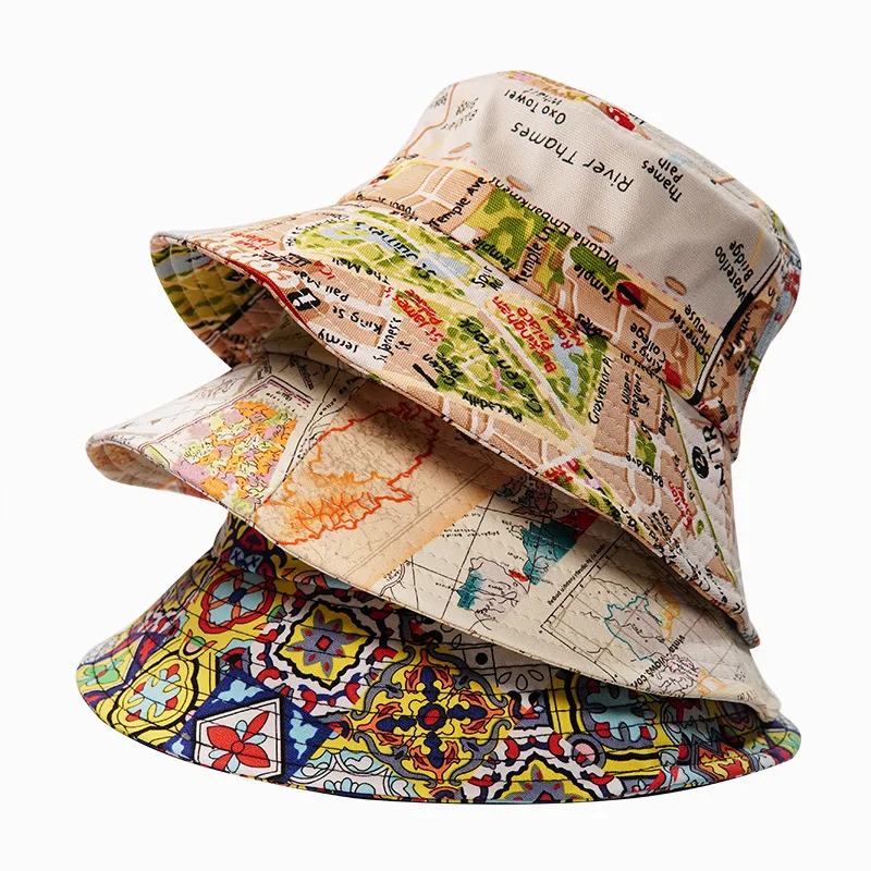 

Harajuku Map Print Fisherman Hat Reversible Bucket Hats For Men Women Floral Outdoor Street Hip Hop Letter Fisherman Hat