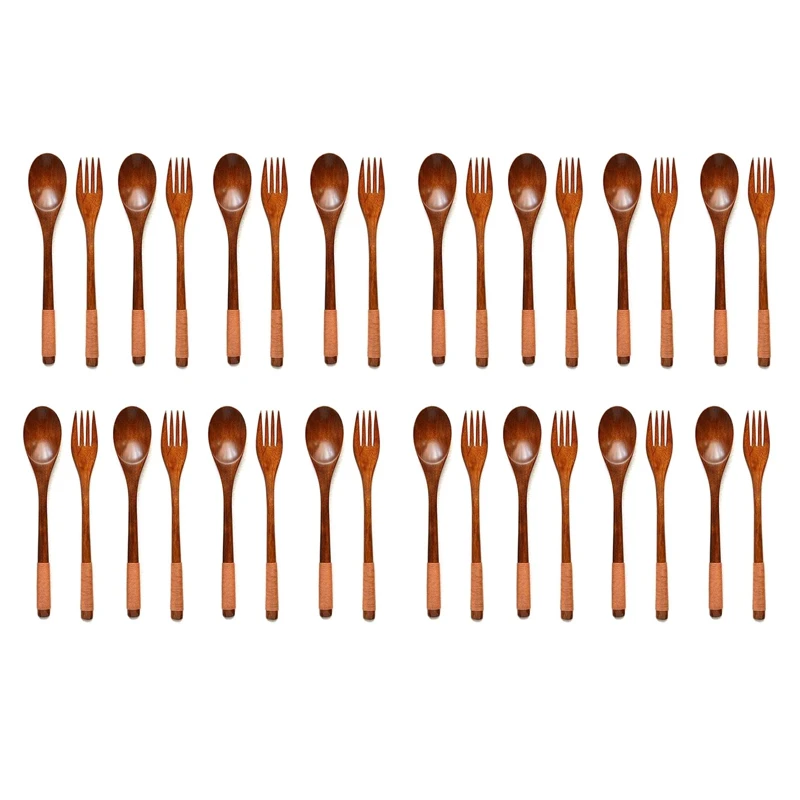 

32 Pcs Wooden 9 Inchjapanese Spoon Fork Set Kitchen Tableware Natural Wood Cutlery Wooden Dinner Cutlery Set