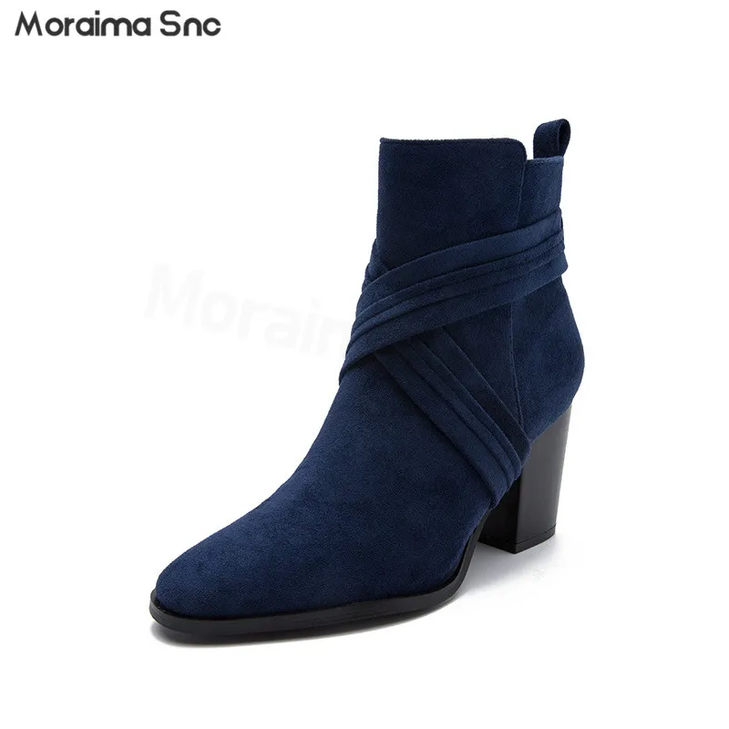 

Blue Suede Short Boots Autumn and Winter New High-Heeled Wood Grain Chunky Heel Round Toe Nude Boots Fashion Women's Boots