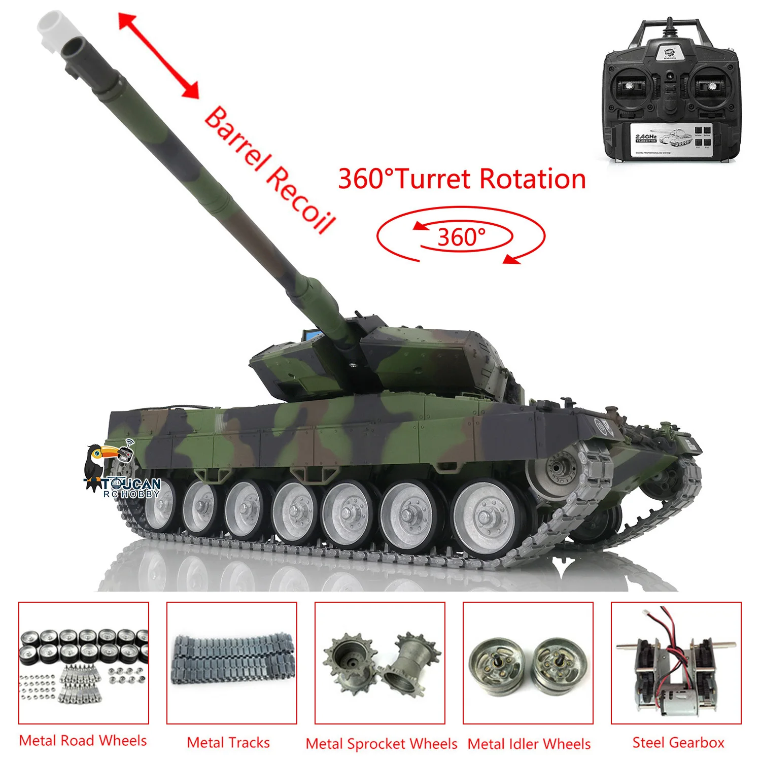 Радиоуправляемый танк Toucan 116 Heng Long TK7.0 Leopard2A6 3889 с металлическими гусеницами, колесами, откатом ствола, BB-пушкой, дымогенератором и пультом управления (Panzer) (art.: 3920dc21dddbd) - 3920dc21dddbd