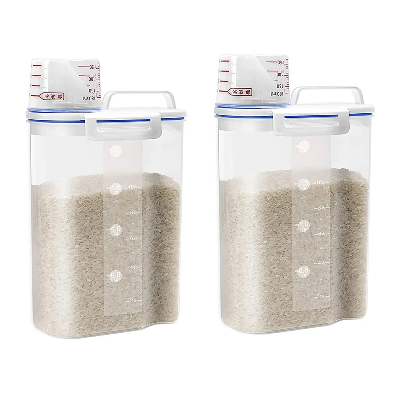 

2X Rice Cereal Container Storage - Airtight Dry Food Container Storage Plastic Small Rice Dispenser With Measuring Cup