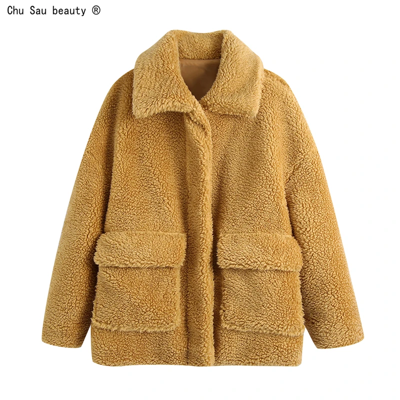

Autumn Winter 2021 New Fashion Vintage Loose Casual Faux Fur Turn Down Collar Solid Color All-Match Warm Jacket Women