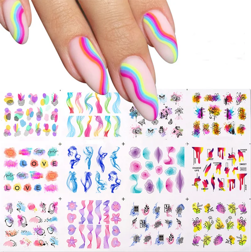 

Water Transfer Nail Decals Colorful Smoke Fog Waves Love Messages Stickers Decoration For Nail Art Manicure Beauty