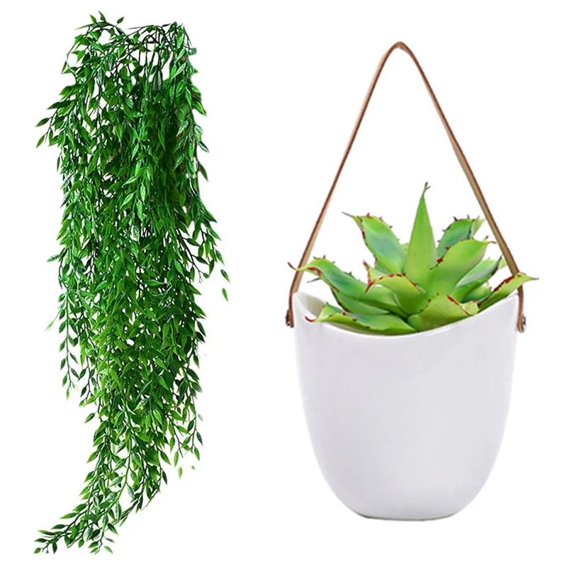 

2Pcs Artificial Hanging Plants Garland Fake Willow Leaves Ivy Vine & 2PCS Wall Planters White Ceramic Plant Pot