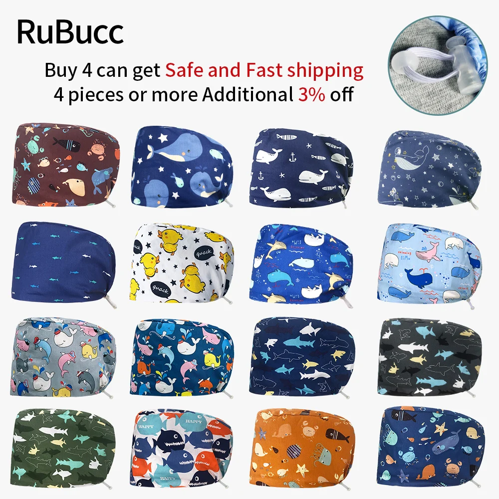 

Шапочка для медсестры с мультяшным принтом, хлопковая Регулируемая хирургическая шапочка, Женская ветеринарная шапочка для домашних живот...