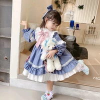 2022 new spring summer girls dress lolita style blue bow pleated dresss baby skirts princess party dress for girls ages 2 to 7