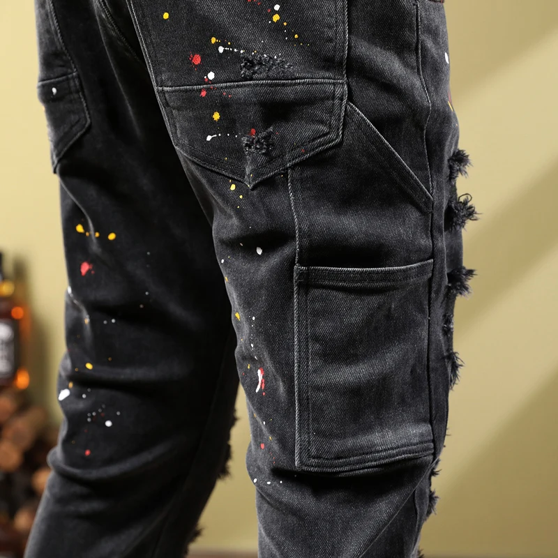 Street Fashion Men Jeans Retro Black Gray Elastic Stretch Slim Fit Ripped Jeans Men Painted Designer Multi Pockets Hip Hop Pants