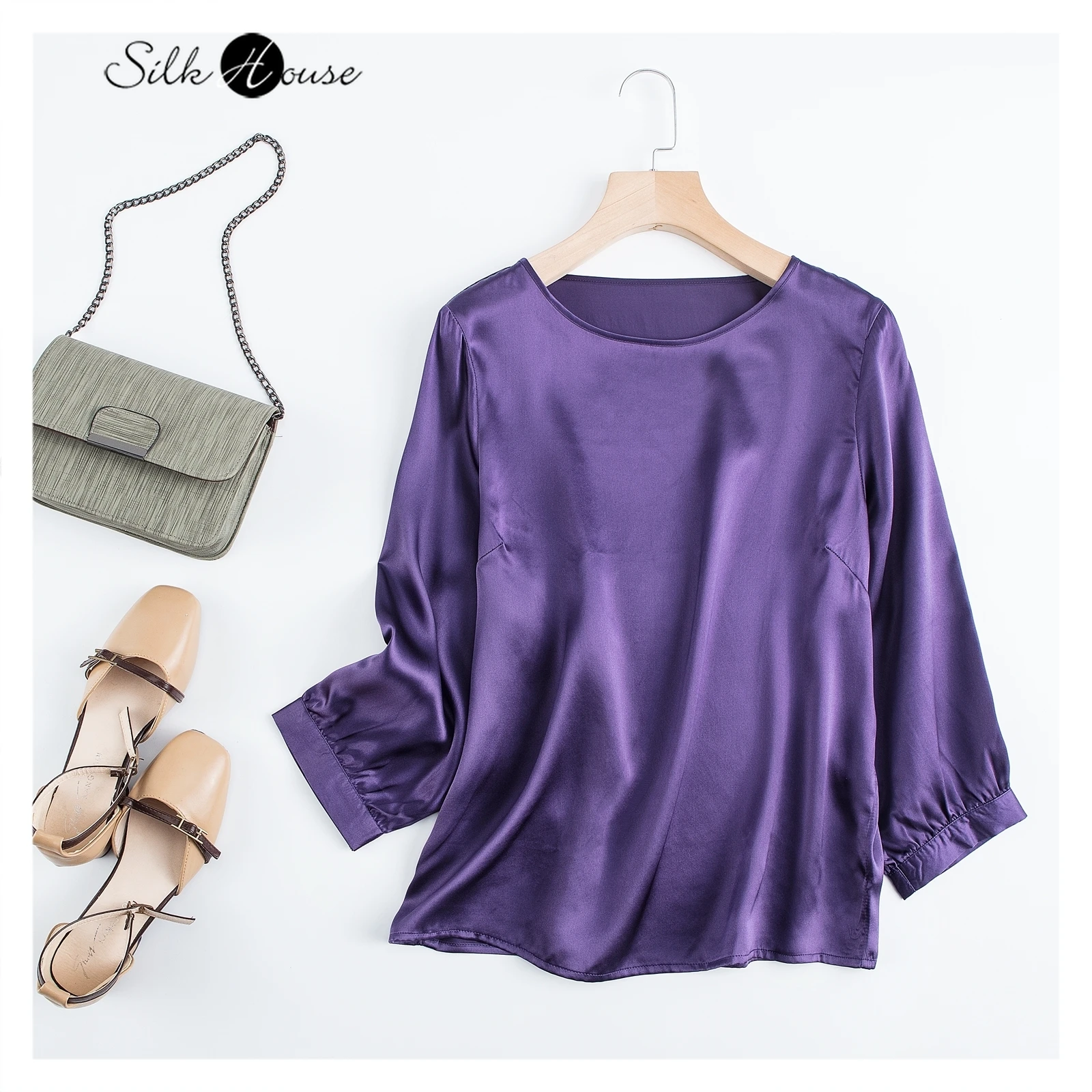 

Новинка весна-лето 2022, шелковая простая креп-атласная фиолетовая с круглым вырезом и рукавами-фонариками, Офисная Прямая майка свободного п...
