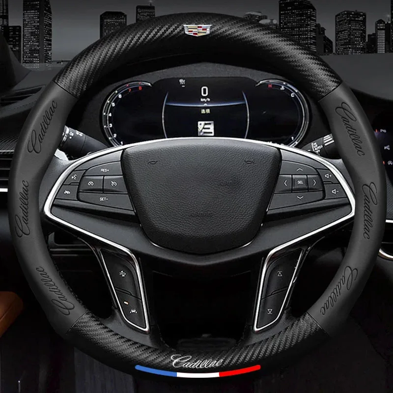 

3D Embossing Carbon Fiber Leather Non-slip Car Logo Steering Wheel Cover For Cadillac CTS ATS SRX XTS XT5 STS CT5 CT6 BLS XLR