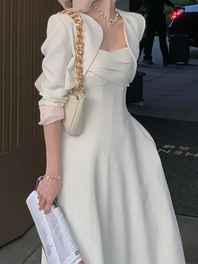 

Women Summer Elegant Casual Midi White Dress Spaghetti Strap Vintage A-Line Fashion Party Vestidos Femme Prom Robe Clothes New