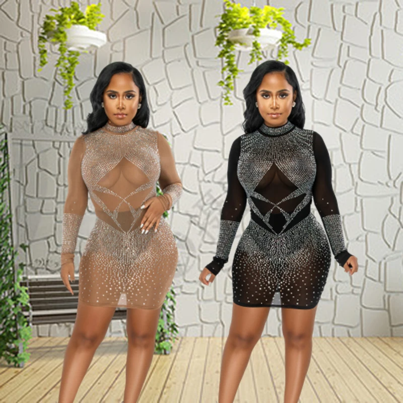 Women Elegant Rhinestone Decor Sheer Mesh Bodycon Dress Fashion Sexy Long Sleeve Women'S European And American Dress Night Show