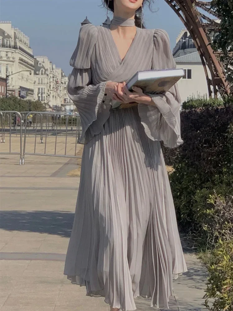 Женское шифоновое платье с V-образным вырезом элегантное белое длинное винтажное