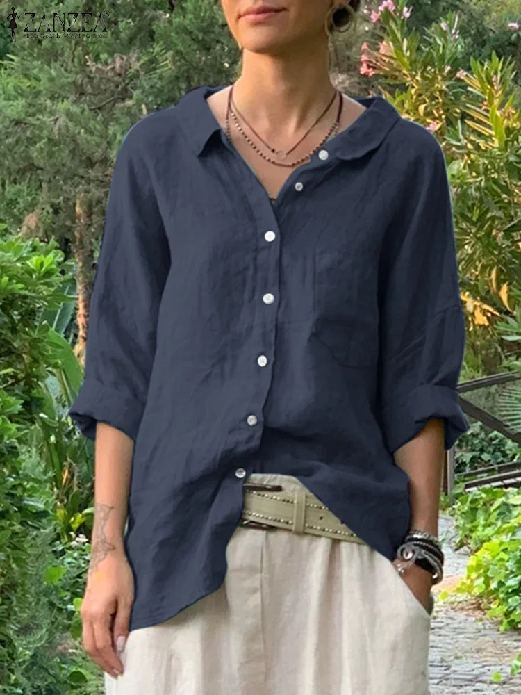 

ZANZEA Fashion 3/4 Sleeve Shirt Woman Lapel Neck Cotton Blouse Elegant Party Tunic Tops Femme Casual Button Pockets Chemise 2023