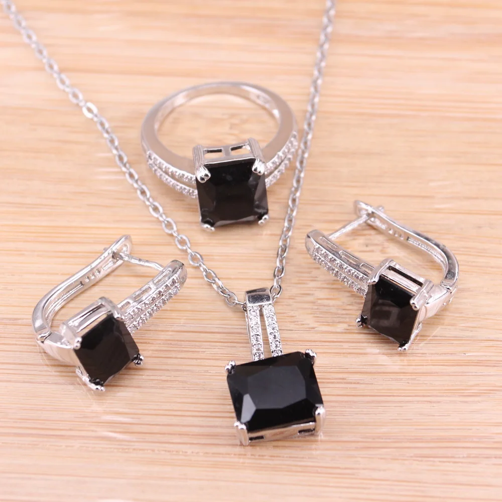 

Flattering Silver 925 Bride Jewelry Sets Black Hoop Earrings for Women Square CZ Necklace Earrings Ring Set Women Wedding Gift