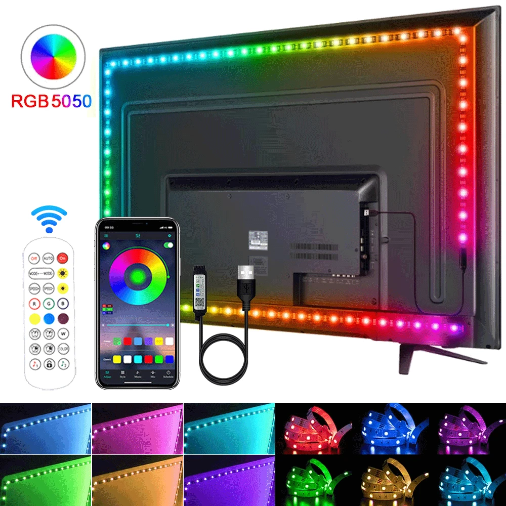 

Светодиодная лента с USB, гибкая лампа RGB с управлением через приложение и поддержкой Bluetooth, для зала, телевизора, рабочего стола, подсветильни...