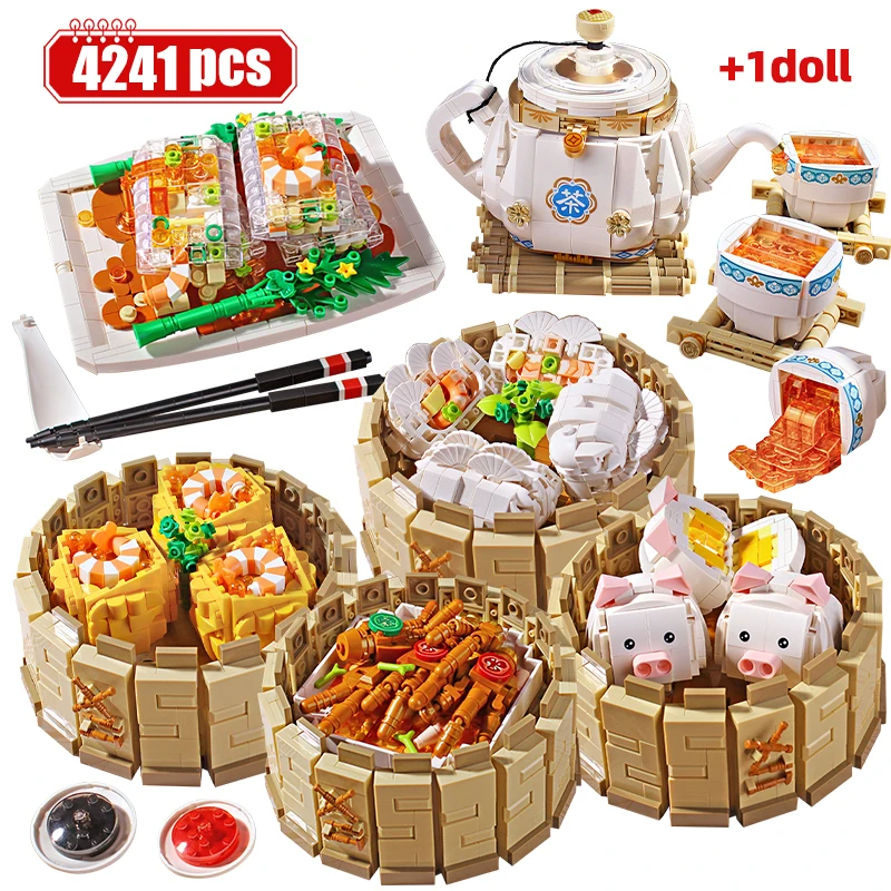 

4241pcs Mini City Cantonese Food Morning Tea Food Building Blocks Chinese Dim Sum Figures Piggy Model Bricks Toys for Kids Gifts