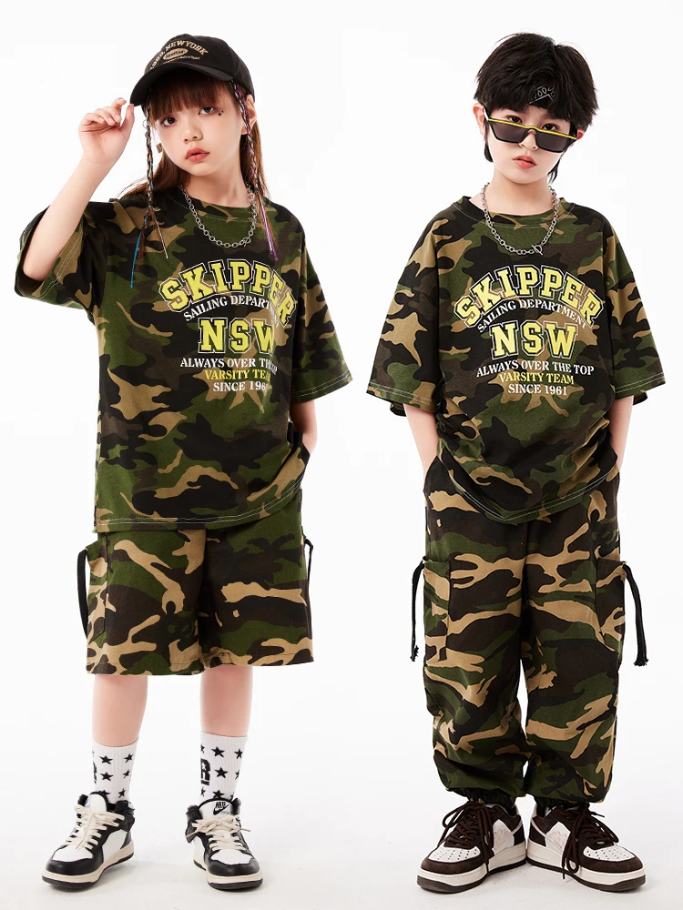 

Kids Street Outfits Teen Hip Hop Clothing Camo Tshirt Tops Cargo Joggers Pants for Girl Boy Jazz Dance Costumes Showing Clothes