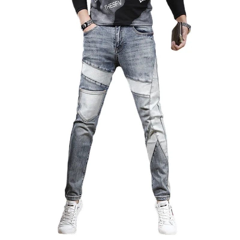 Autumn Men Light Blue Ripped Patchwork Jeans Streetwear Slim Fit Pencil Pants Korean Style Casual Denim Trousers