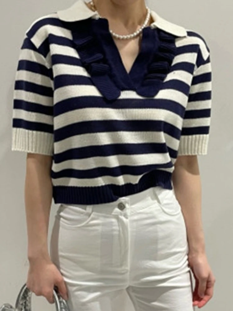 

Korean Chic Sweater Pullover Ladies Summer Sweet POLO Collar Stitching Fungus Edge Short Sleeve Contrast Striped Knitwear Women
