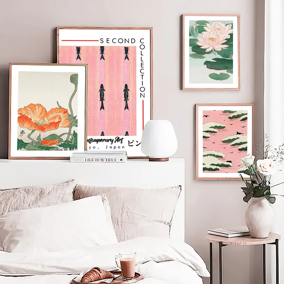 Лотос журавль птица в японском стиле настенная Картина на холсте скандинавские