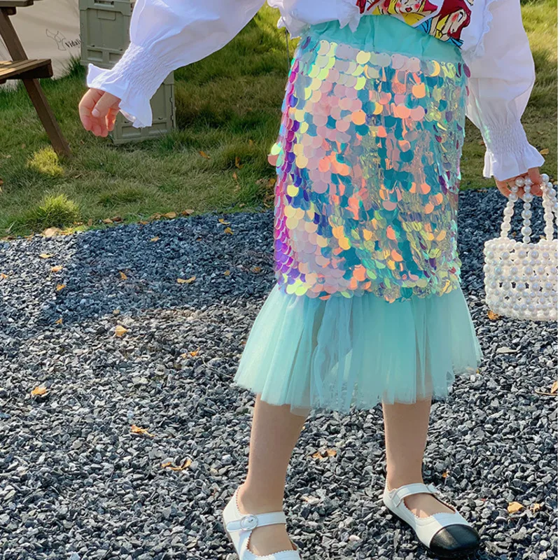 

Sequin Fishtail Skirt For Girls 2-7Y Fashion Children's New Spring Mermaid Princess Skirt Patchwork Mesh Trumpet Midi Skirts