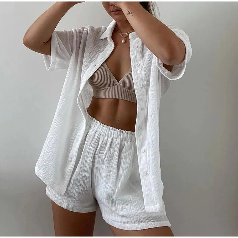 

Женский летний комплект с шортами и высокой талией, Повседневная рубашка с коротким рукавом, костюм из двух предметов, женский элегантный с...