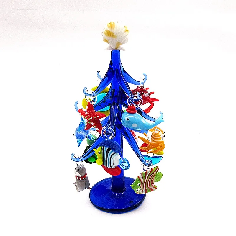 

Handmade Dark Blue Murano Glass Christmas Tree Shape Ornament Home Aquarium Decoration with 12pcs Marine Animal Figurine Pendant