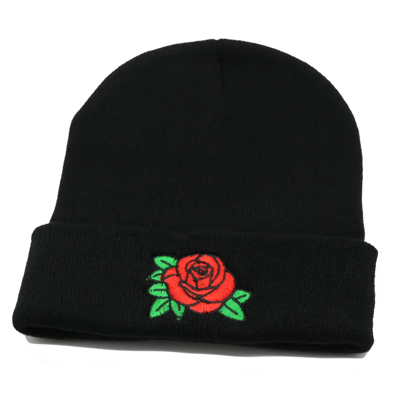 Winter Sale Unisex Short Paragraph Embroidery Rose Knitting Beanies Caps for Female Black Keep Warm Hedging Hats Drop Ship