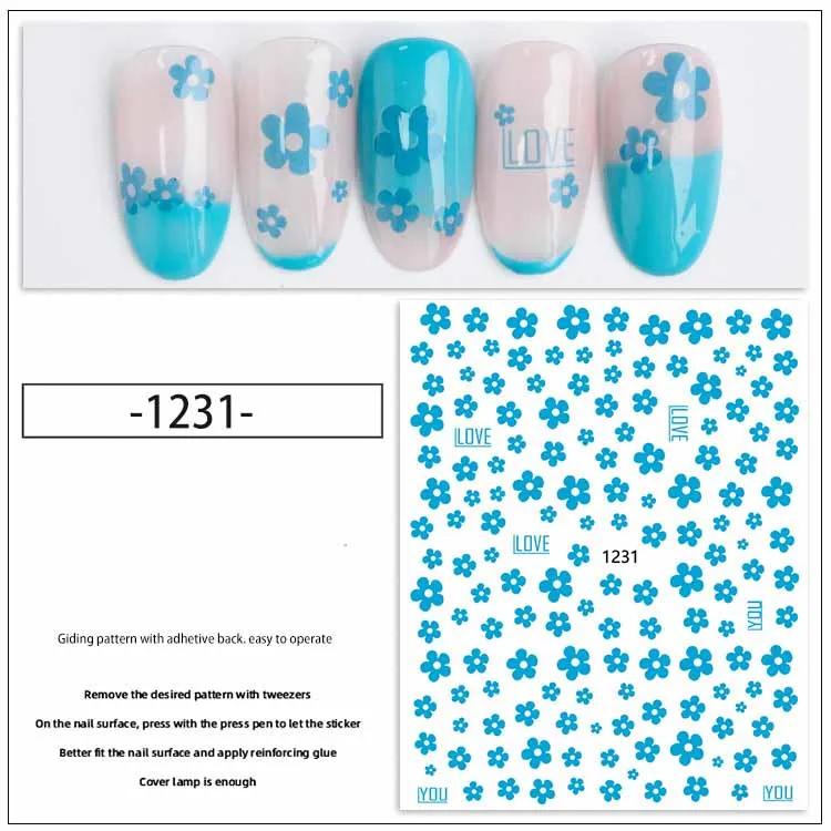 

3D flowers nail art sticker back glue strips blue yellow black white Spring fresh design peel off slider nail decal YJ044
