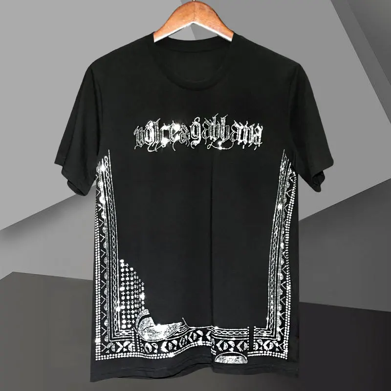 

Футболка мужская с геометрическим рисунком, Облегающая рубашка с бриллиантами, одежда для общественных клубов, уличная одежда с коротким р...