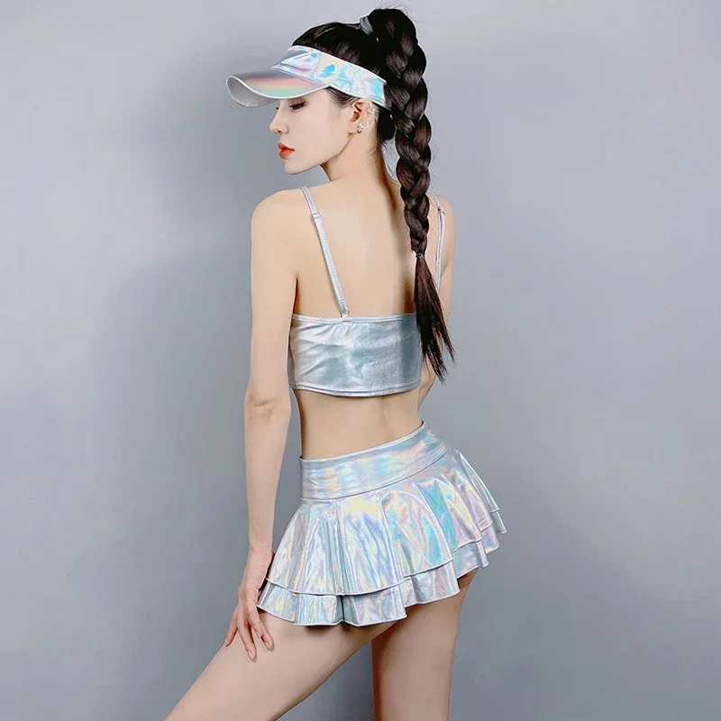 Женская серебряная одежда для черлидинга ночной клуб бар Dj Ds Rave топы юбка танцев