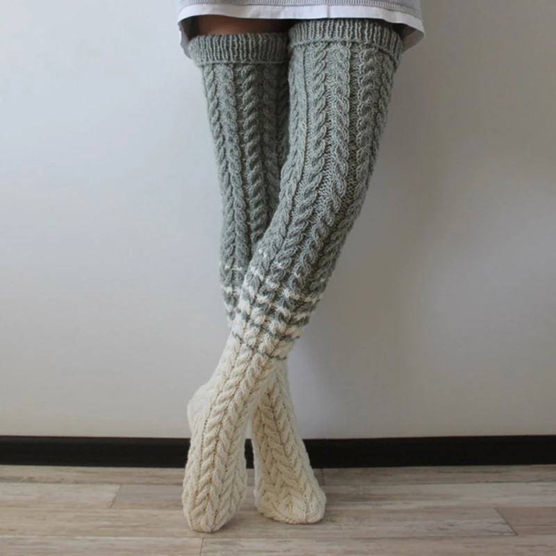 

Autumn Winter Cable Knit Thigh High Boot Socks for Women Gradient Colorblock Striped Over Knee Long Stockings Leg Warmer 37JB