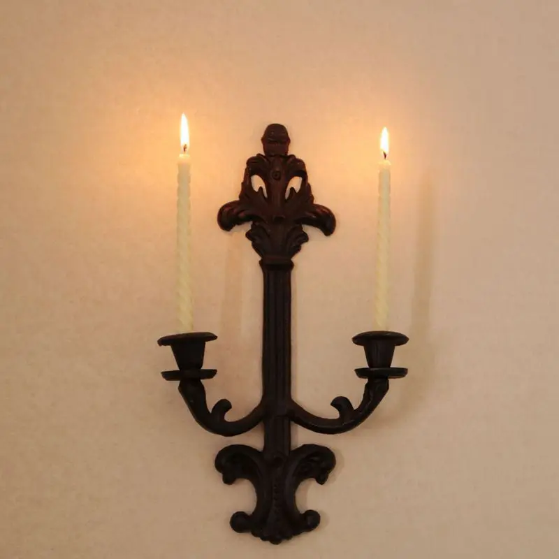 

Retro Wall Candle Holders Cast Iron 2 Arm Candlestick Metal Courtyard Bougeoir Candles Home Decoration Gift Wedding Party Garden