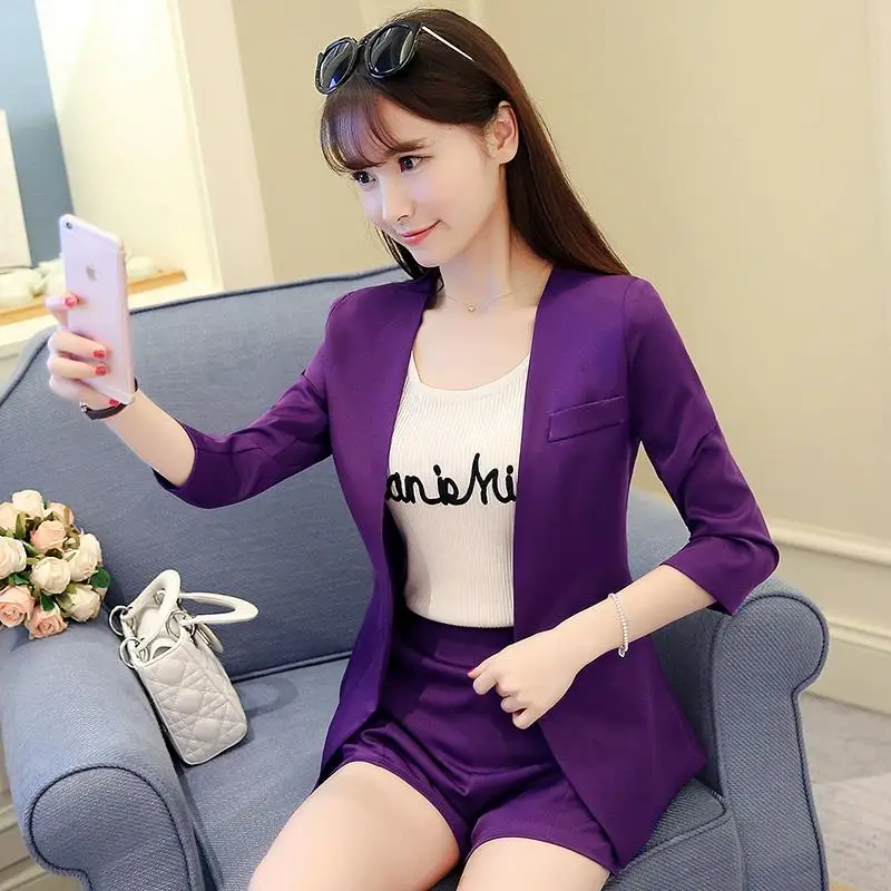 

Женский офисный костюм из двух предметов, Повседневный Кардиган с коротким рукавом и шорты в Корейском стиле, лето-осень