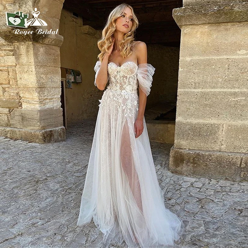 

Boho Off the Shoulder A-Line Wedding Dresses For Women 2022 Tulle Sweetheart Beach Bridal Gown Pleated Sleeves Illusion Summer