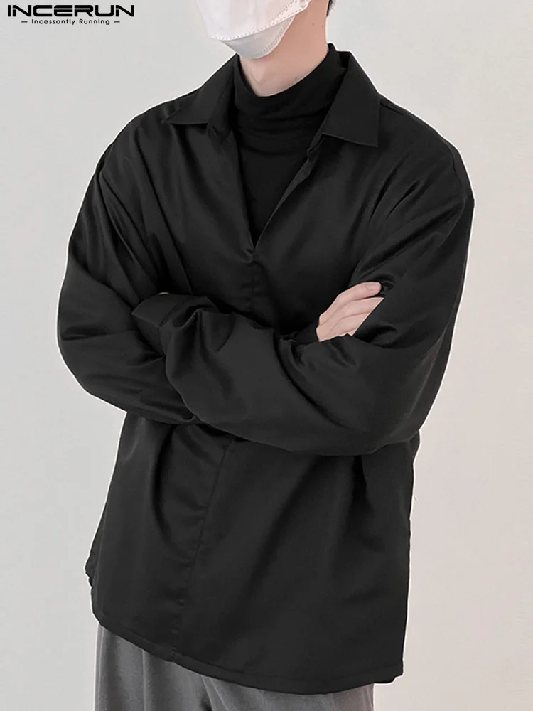 

INCERUN Tops 2022 Stylish New Men Blouse Casual Streetwear Male Solid Fashion Hot Sale Lapel Buttonless Long Sleeve Shirts S-5XL