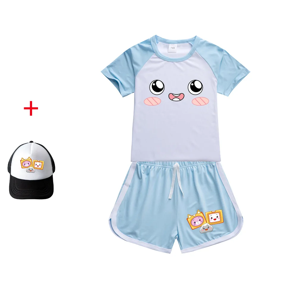 

Boys Lankybox Cartoon Print Summer T-Shirt Shorts Home Sports Casual Short Sleeve Hat Set