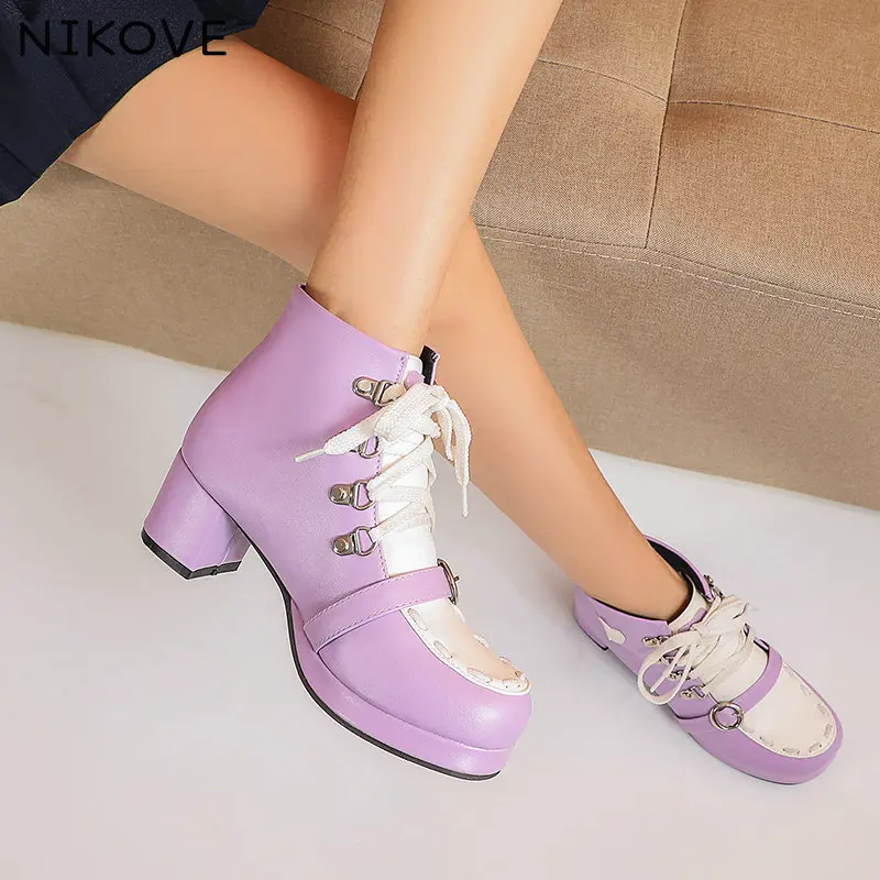 

NIKOVE 2022 Autumn Winter Ankle Boots PU Leather Lace Up Short Sock Lolita Boots Square Med Heel Women Shoes Size 34-43