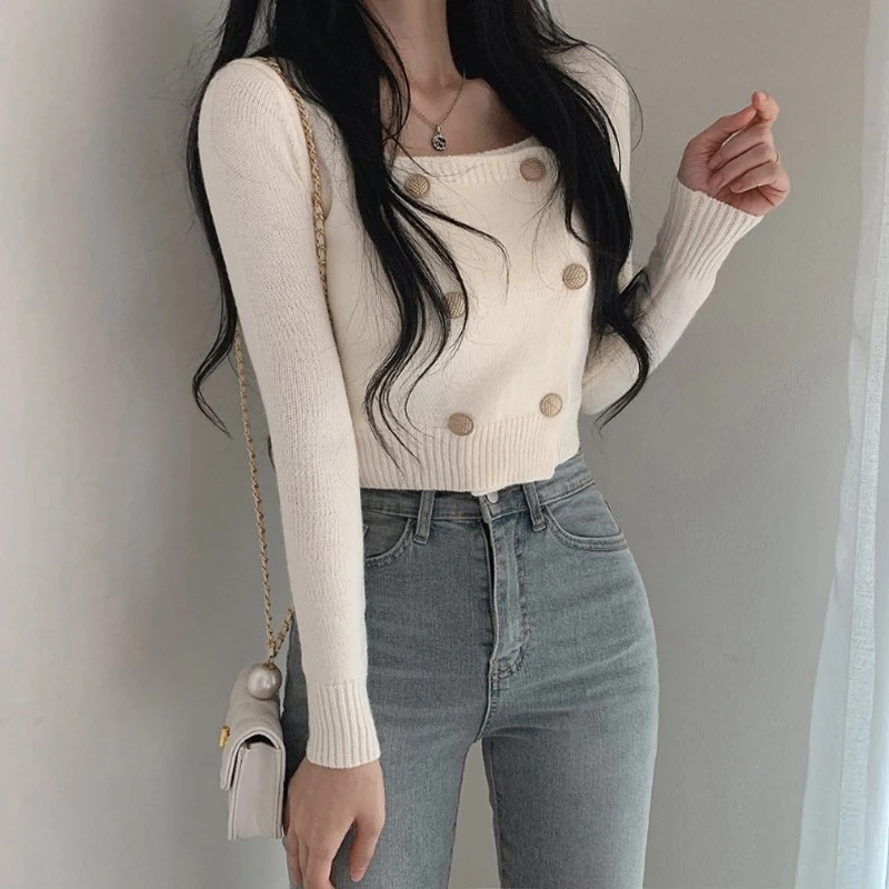 

France Women Slim Short Knitted Cardigan Square Neck Double Breasted Sweater Spring Summer Streetwear Sexy Knit Tops White I905