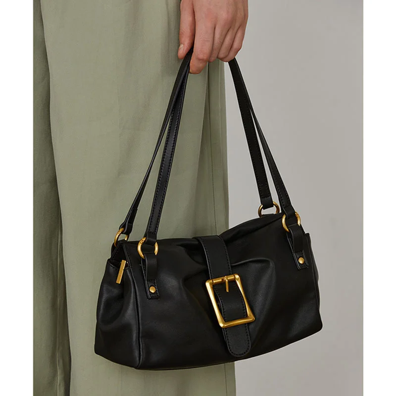 

New Genuine Leather Baguette Bag Niche Handbag Underarm Premium Feel Belt Buckle Lock Design Cowhide Shoulder Handbag Womenbag
