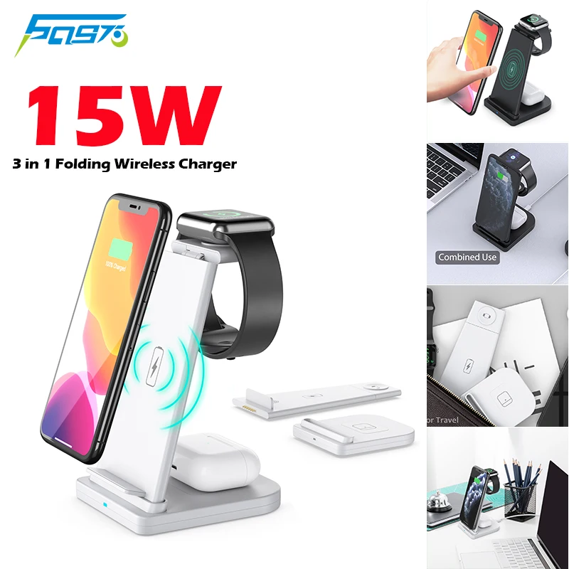 

3 in 1 Folding Fast Wireless Charger For iPhone 11 XR Type C More Qi Enable Phone Airpods Pro Detachable Charging Stand Station