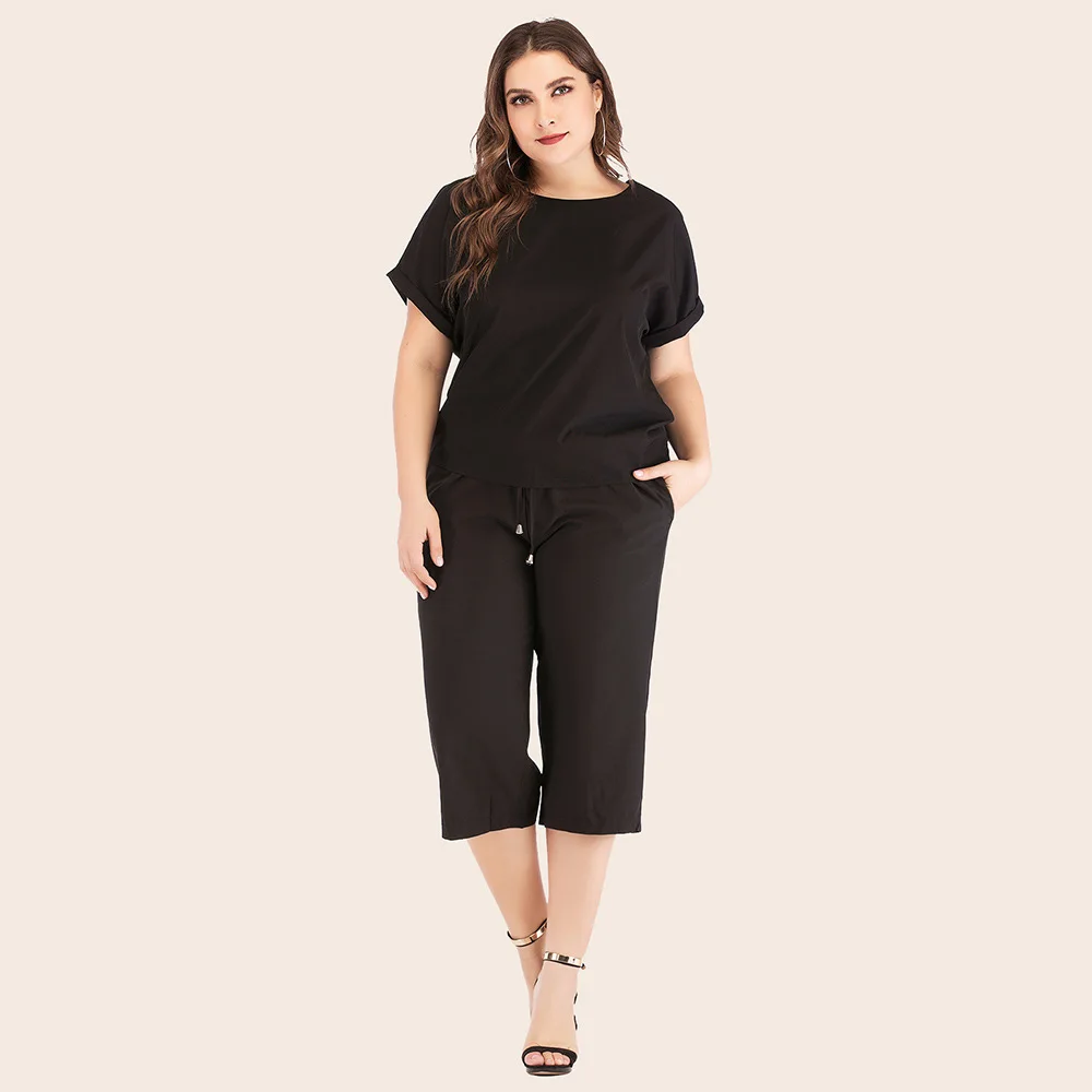 

XL-5XL Plus Size Women Clothing Fall Round Neck Short Sleeve Wide Leg Pants Fashion Ladies Two-piece Loose Oversize Sports Suit