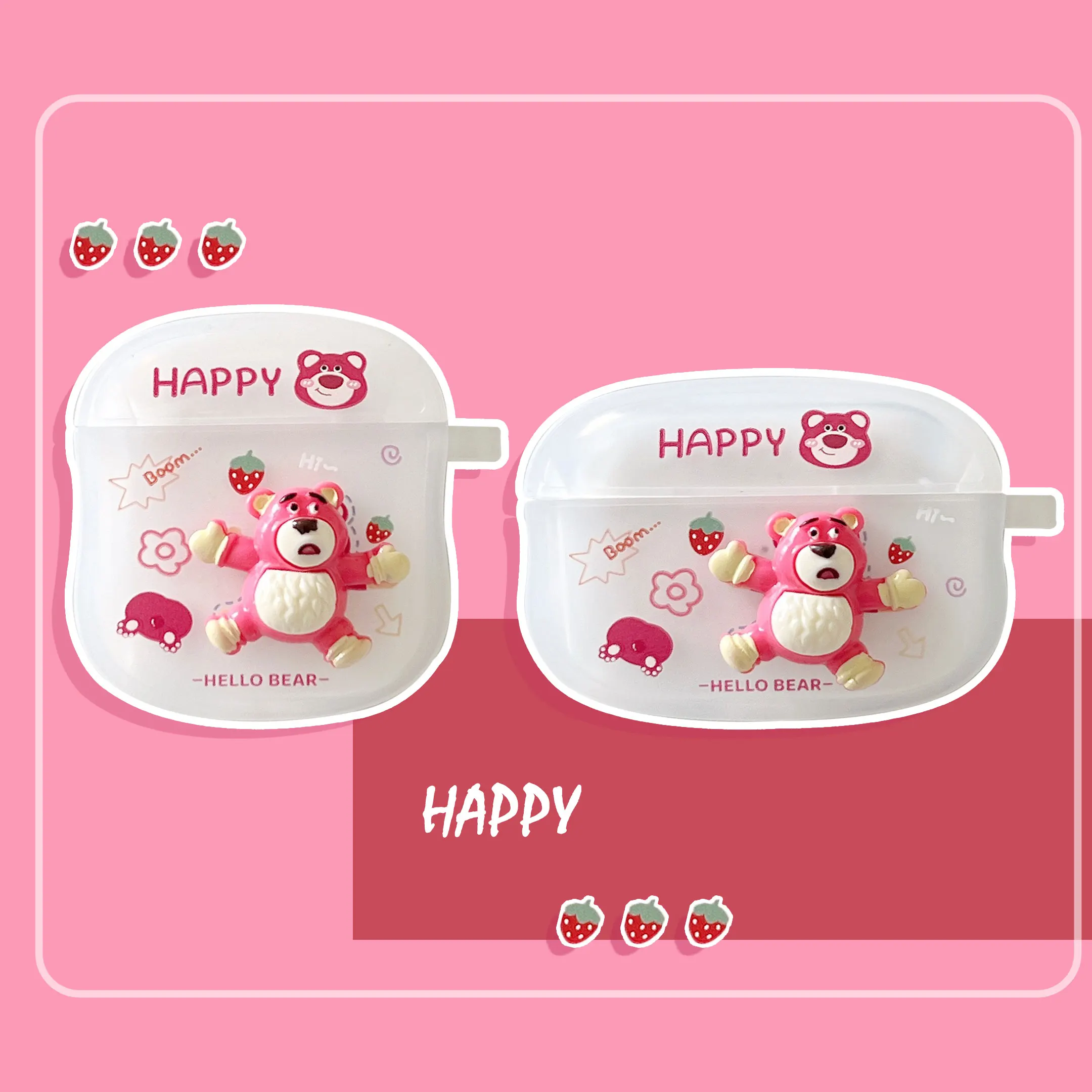 

Happy Three-Dimensional Lovely Strawberry Bear Soft TPU Case For Apple Airpods 1 2 Pro 3 Wireless Headset Box Cover