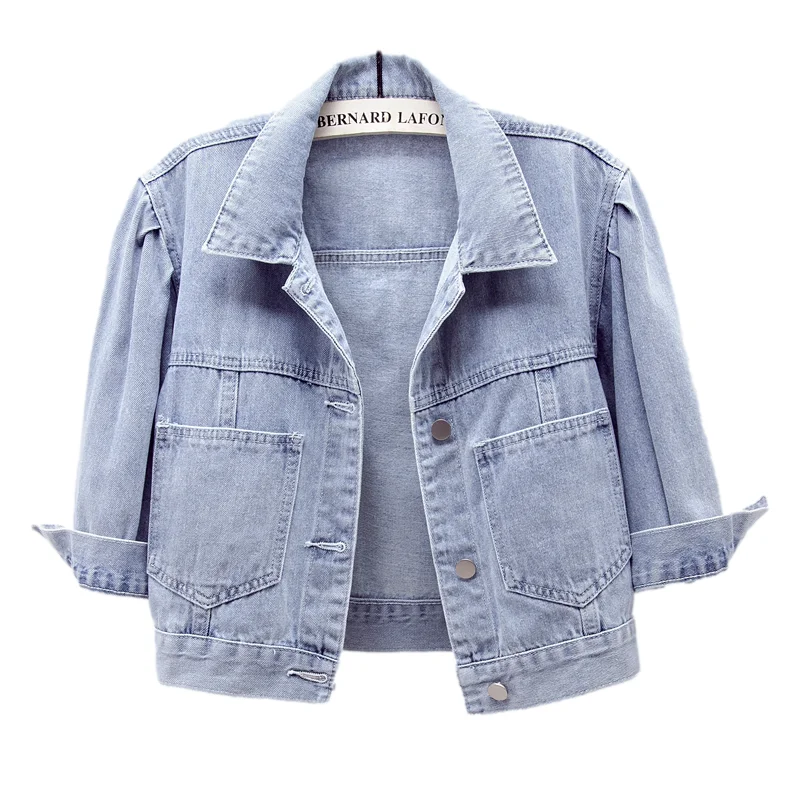 

Three Quarter Sleeve Big Pocket Denim Jacket Women Slim Short Student Cowboy Outerwear Korean Vintage Blue Jeans Jacket Female