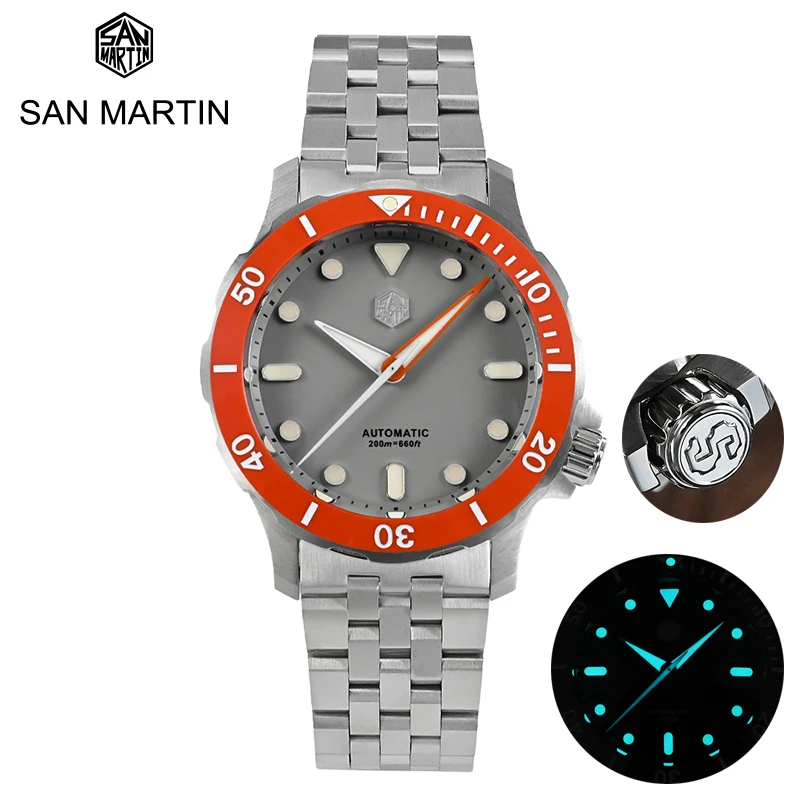 

San Martin Mens Diver Watches Luxury Automatic Wristwatch Sapphire 200M Waterproof BGW-9 Luminous Ceramic Bezel NH35 Steel Strap